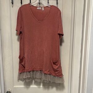 LOGO by Lori Goldstein Women's Terracotta Top with Tulle Hem